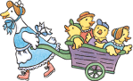 mommy duck with wagon of baby ducks